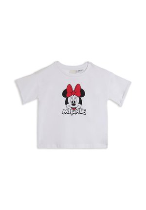 T-shirt bianco a maniche corte in cotone, con una grafica del volto di un personaggio con un fiocco rosso e la parola "MINNIE" sotto.