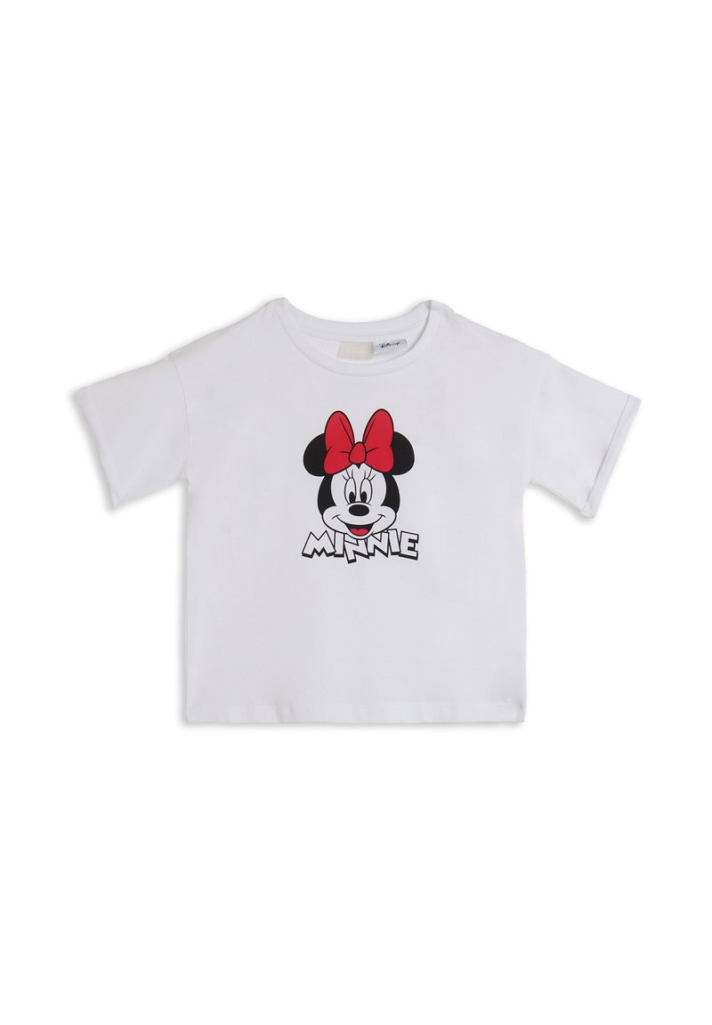 Camiseta blanca de manga corta hecha de algodón, con una gráfica de la cara de un personaje con un lazo rojo y la palabra "MINNIE" debajo.