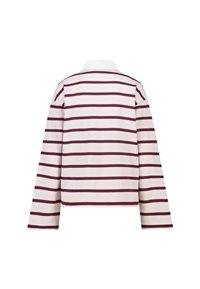 Langärmeliges Hemd mit weißer Basis und kastanienbraunen horizontalen Streifen, mit Kragen und großzügigem Schnitt. Glatte Stofftextur.