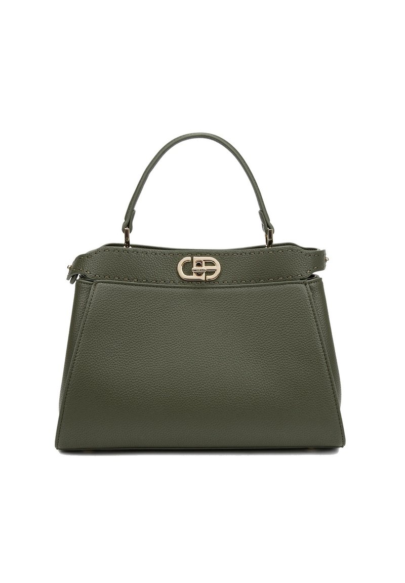 Borsa in pelle verde con una forma strutturata, manico corto, hardware dorato e cuciture visibili lungo i bordi. La chiusura presenta un accentuato logo.