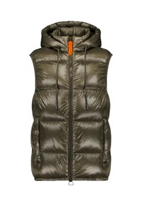 Gilet rembourré vert avec capuche, au fini brillant, fermeture éclair à l'avant et cordons de serrage. Comprend des poches latérales et des détails en accent orange.