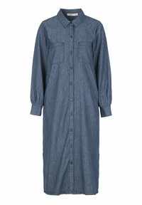 Denim-asu sinisessä sävyssä, jossa on kaulus, pitkät puff-hihat, nappi-etumus ja kaksi rintataskua, rento leikkaus.