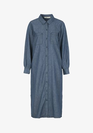 Denim-asu sinisessä sävyssä, jossa on kaulus, pitkät puff-hihat, nappi-etumus ja kaksi rintataskua, rento leikkaus.