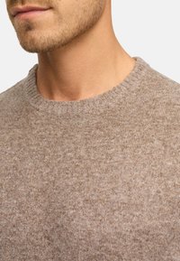 Lys brun strikket sweater med rund hals. Teksturen er blød og let fuzzy, med et subtilt, jævnt mønster.
