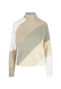 Maglione in maglia con colletto alto, caratterizzato da strisce diagonali in crema, beige, verde e giallo chiaro. Texture morbida e vestibilità rilassata.