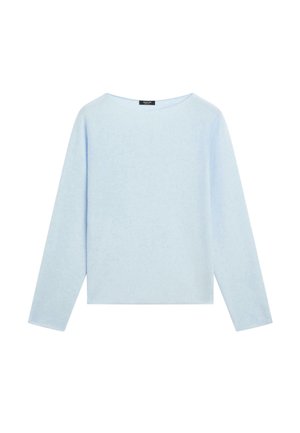 Maglione azzurro chiaro a maniche lunghe con scollo a barca largo e orlo dritto, esposto su uno sfondo bianco.