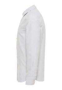 Pasiasta koszula z długim rękawem w jasnoszarym i białym kolorze, z zapięciem na guziki, miękkim materiałem oraz klasycznym fasonem kołnierzyka.