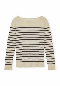 Langarmshirt in hellbeige mit dunkelgrauen horizontalen Streifen. Hergestellt aus 100% Bio-Baumwolle, mit einem weit geschnittenen Ausschnitt und einem lässigen Schnitt.