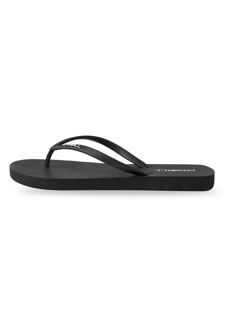Schwarze Flip-Flops mit Gummisohle, flachem Design und dünnen Riemen. Strukturierte Fußbett. Logo auf dem Riemen eingraviert. Schlichter und funktionaler Stil.