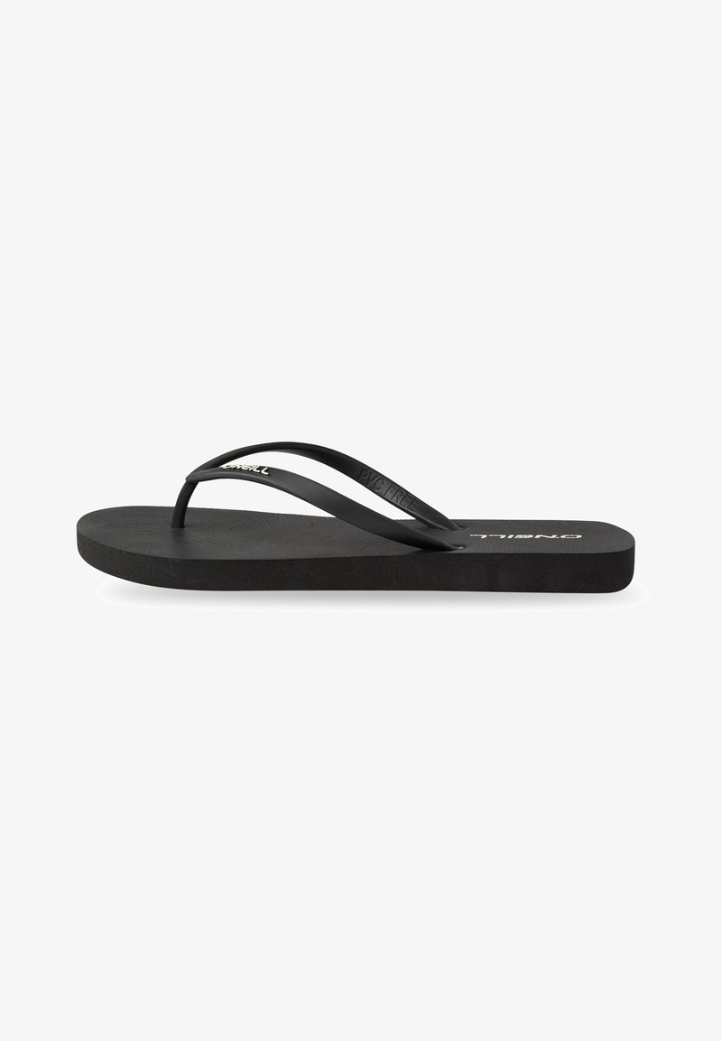 Sorte flip-flop med gummisål, flad design og tynde stropper. Tekstureret sål. Logo prægede på stroppen. Enkel og funktionel stil.