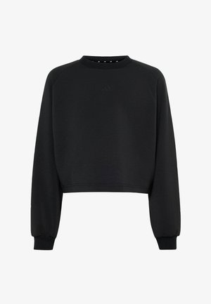 Czarna krótka bluza z długim rękawem, okrągłym dekoltem i subtelnym wytłoczonym logo Adidas na piersi.