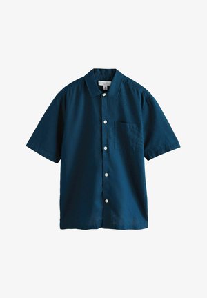 Korte mouwen button-up shirt in donkerblauwe stof, met een subtiele textuur, een kle pocket op de linker borst en een klassieke kraag.