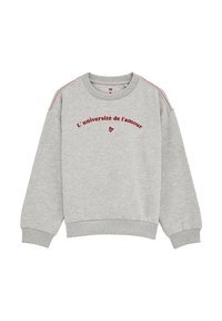 Siva dukserica z ribanim izrezom, dugim rukavima i crvenim šavovima. Sadrži tekst "L'université de l'amour" u burgundiji. Mekani materijal.