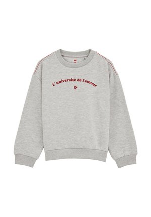 Grau Sweatshirt mit geripptem Rundhalsausschnitt, langen Ärmeln und roten Nähten. Bedruckt mit dem Text "L'université de l'amour" in Burgunderrot. Weicher Stoff.
