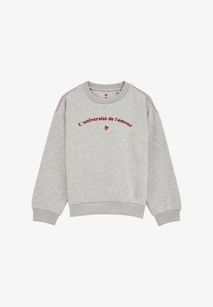 Pilkas džemperis su juostele prie kaklo, ilgomis rankovėmis ir raudona siūle. Ant jo yra tekstas "L'université de l'amour" burgundiškoje spalvoje. Minkšta medžiaga.