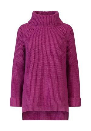 Pull en tricot fuchsia avec une texture côtelée, col montant et épaules tombantes. Il dispose de manches longues et d'un ourlet arrière légèrement plus long.