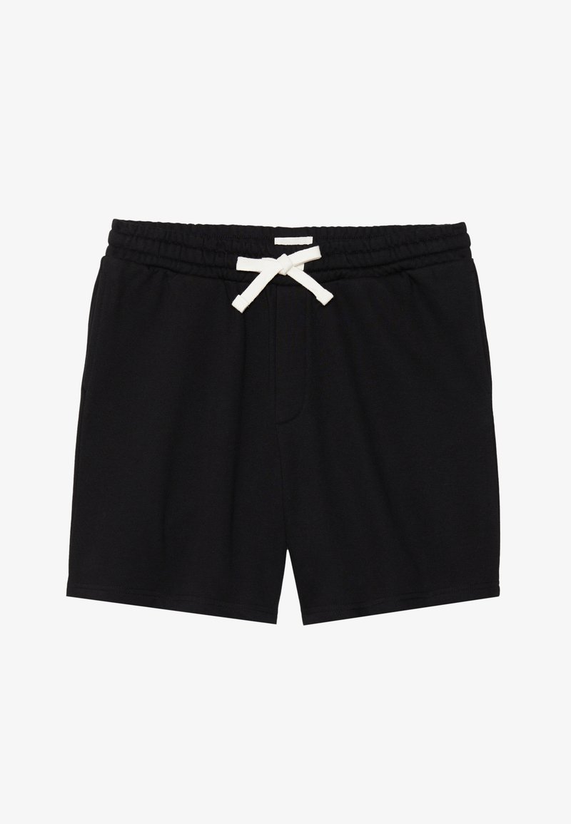 Pantalones cortos de chándal negros de algodón con cintura elástica y cordón blanco, que presentan bolsillos laterales y un diseño simple y minimalista.