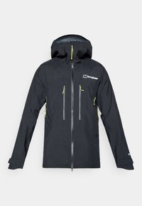Zwarte waterdichte jas met capuchon, twee ritsvakken aan de voorkant en neongele accenten op de ritsen en trekkoordjes.