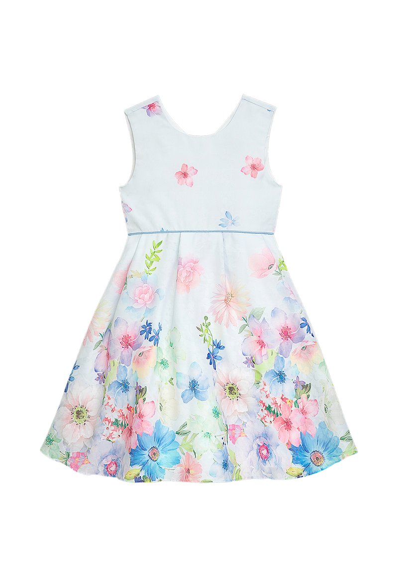 Kleid mit Blumenmuster aus hellblauem Stoff, ärmelloses Design, mit pastellrosa, blauen und grünen Blumenmustern, und tailliertem Schnitt.