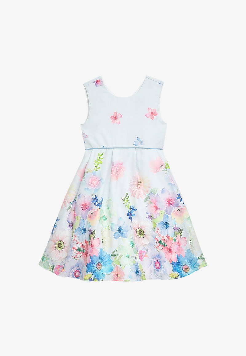 Kleid mit Blumenmuster aus hellblauem Stoff, ärmelloses Design, mit pastellrosa, blauen und grünen Blumenmustern, und tailliertem Schnitt.