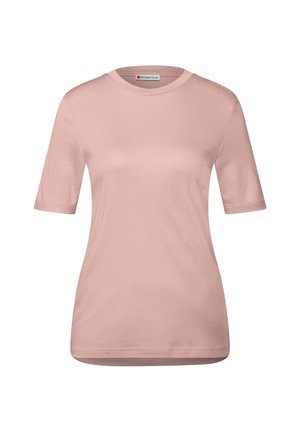 Lys rosa kortærmet T-shirt, rund halsudskæring, lavet af en blød bomuldsblanding, med en afslappet pasform og glat tekstur.