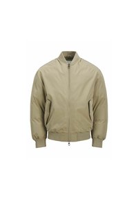 Veste bomber beige en tissu lisse, dotée d'une fermeture à glissière sur le devant, de deux poches latérales, de poignets côtelés et d'un col rond.