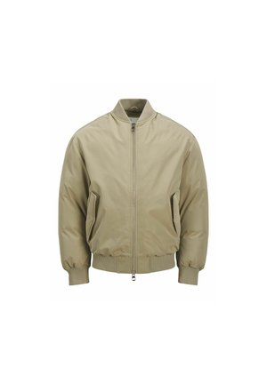 Beige Bomberjacke aus glattem Stoff mit einem Reißverschluss vorne, zwei Seitentaschen, gerippten Bündchen und einem runden Kragen.