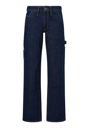 Jean denim bleu foncé à jambes larges avec poches avant, poche latérale pour outil, passants pour ceinture et fermeture à bouton.
