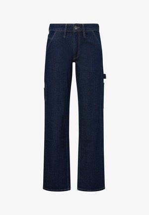 Jean denim bleu foncé à jambes larges avec poches avant, poche latérale pour outil, passants pour ceinture et fermeture à bouton.