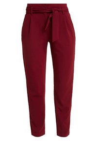 Pantalons rouges taille haute avec des plis, une ceinture nouée à la taille et des jambes fuselées. Fabriqués en tissu lisse avec une finition soignée et sans poches visibles.