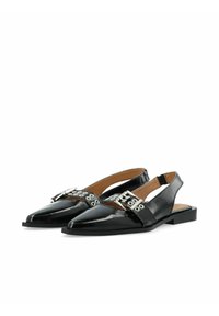 Black patent leather slingback shoes with pointed toes, silver buckles, and decorative round eyelet accents on the straps. Flat sole design.