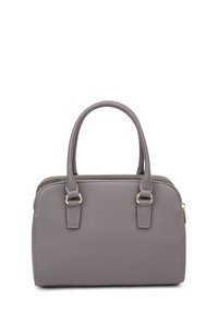 Sac à main gris en simili cuir texturé. Doté de deux poignées supérieures, de quincaillerie dorée et d'une fermeture zippée. Design compact et structuré.