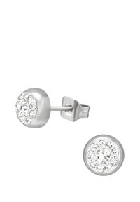 Orecchini a stecca in argento con design rotondo, decorati con numerosi piccoli cristalli trasparenti attorno a una pietra centrale più grande.