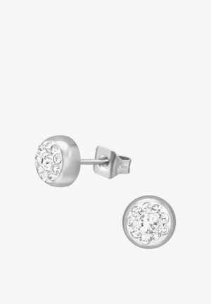 Zilveren studs oorbellen met een rond ontwerp, versierd met meerdere kleine heldere kristallen rondom een centraal grotere steen.