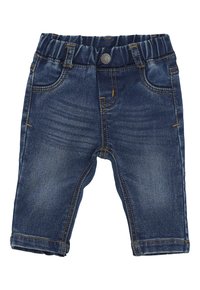 Ciemnoniebieskie spodnie dla małych dzieci z elastycznym paskiem w talii, przednim guzikiem, dwiema przednimi kieszeniami i kontrastowym pomarańczowym wykończeniem.