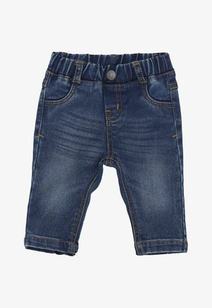 Ciemnoniebieskie spodnie dla małych dzieci z elastycznym paskiem w talii, przednim guzikiem, dwiema przednimi kieszeniami i kontrastowym pomarańczowym wykończeniem.