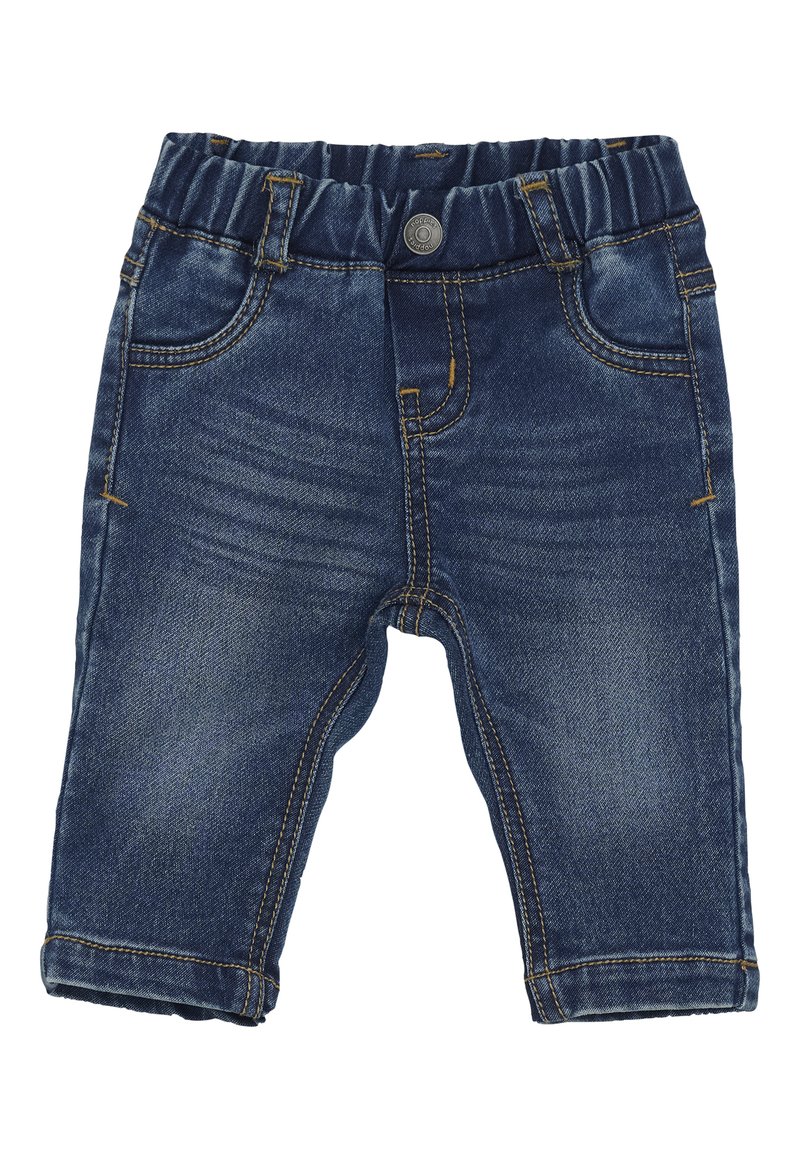 Ciemnoniebieskie spodnie dla małych dzieci z elastycznym paskiem w talii, przednim guzikiem, dwiema przednimi kieszeniami i kontrastowym pomarańczowym wykończeniem.