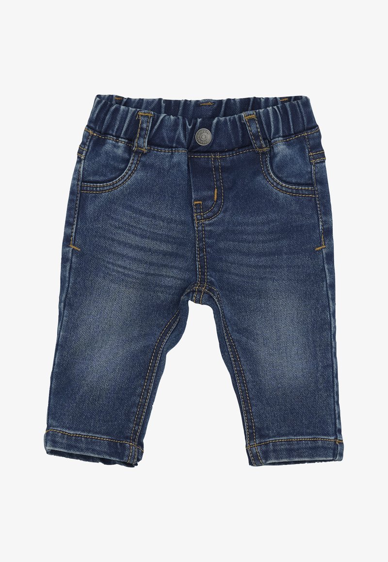 Ciemnoniebieskie spodnie dla małych dzieci z elastycznym paskiem w talii, przednim guzikiem, dwiema przednimi kieszeniami i kontrastowym pomarańczowym wykończeniem.