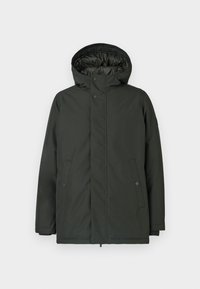 Parka giacca isolata di un verde scuro con cappuccio, chiusura con bottoni a pressione e due tasche laterali. Tessuto liscio, resistente all'acqua.