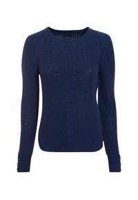 Dunkelblaues Strickpullover mit strukturiertem Muster, rundem Halsausschnitt, langen Ärmeln und dekorativen Knöpfen an den Bündchen.
