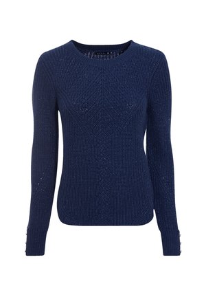 Maglione lavorato a maglia blu scuro con motivo testurizzato, scollo rotondo, maniche lunghe e bottoni decorativi ai polsini.