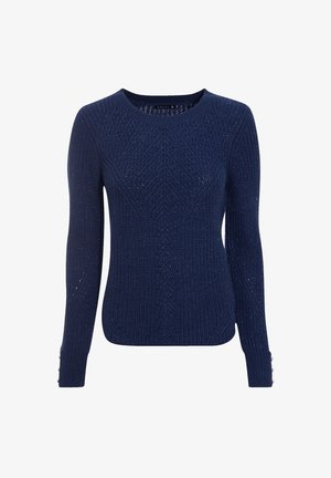 Dunkelblaues Strickpullover mit strukturiertem Muster, rundem Halsausschnitt, langen Ärmeln und dekorativen Knöpfen an den Bündchen.