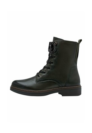 Dark green leather ankle boot, featuring round toe, lace-up front, contrasting stitching, and a low block heel for stability.