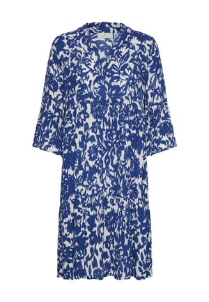 Sinine ja valge põlveni ulatuv kleit pikkade varrukatega ning julge lillemustriga, millel on V-kaelus ja lõdva istuvusega lõige.