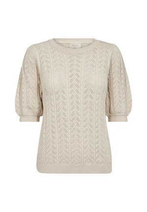 Lichtbeige gebreide sweater met korte puffmouwen, een geribbelde halslijn en zoom, en een gemarmerd ruitpatroon in de stof.