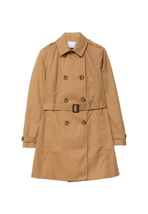 Trench-coat beige croisé avec ceinture, poignets boutonnés et deux poches avant, présenté sur fond blanc.