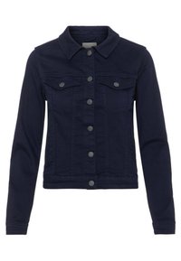 Giacca di jeans blu navy con colletto, chiusura frontale con bottoni e due tasche sul petto. Presenta un design aderente e una texture liscia.