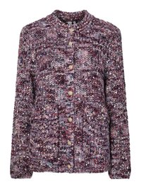 Gestrickte Strickjacke in Lila und mehrfarbigem Garn, mit rundem Kragen, Knöpfen vorne und zwei aufgesetzten Taschen aus strukturiertem Stoff.