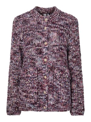 Strikket cardigan i lilla og flerfarget garn, med rund krage, knapper foran og to fremre lommer med teksturert stoff.