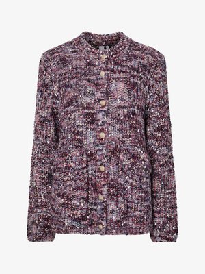 Kötött kardigán lila és többszínű fonalból, kerek gallérral, elülső gombokkal és két texturált anyagú elülső zsebbel.